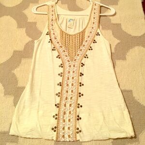 Anthropologie Cream Embroidered Crochet-Trim Tank Top